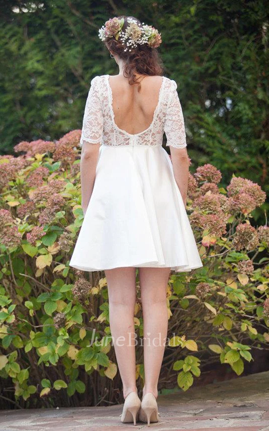 Short Long Sleeve Court Train Lace Satin Weddig Dress