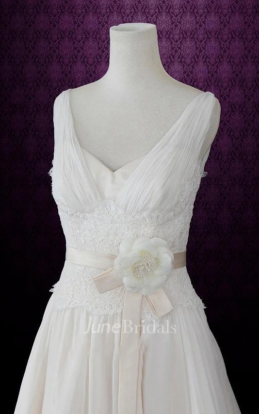 V Neck Neck Sleeveless Sleeveless Sleeveless Low V Back Back Floor Length Chiffon Wedding Dress With Sash Ribbon