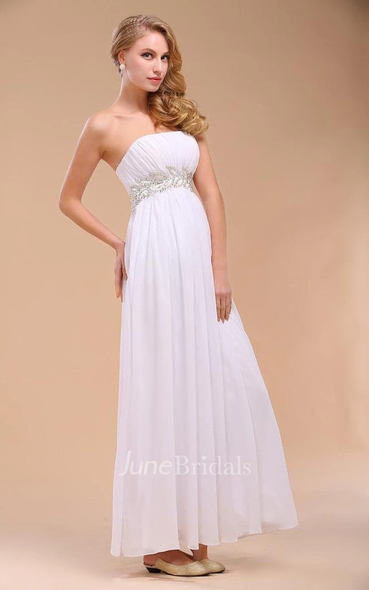 Strapless Chiffon Gown With Empire Waist and Appliques