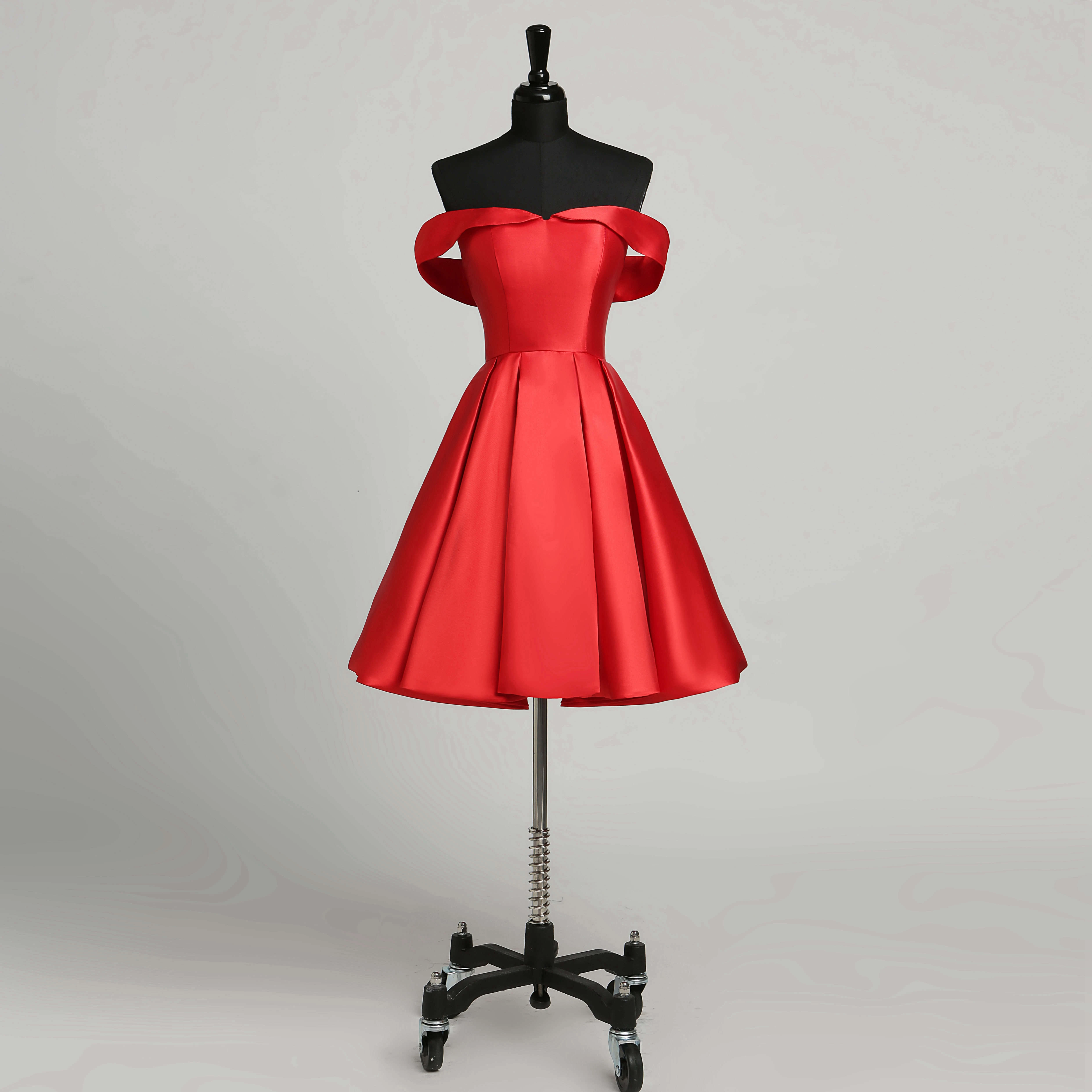 A-Line Off-the-shoulder Satin Elegant Romantic Short Mini Sleeveless Open Back Zipper Dress