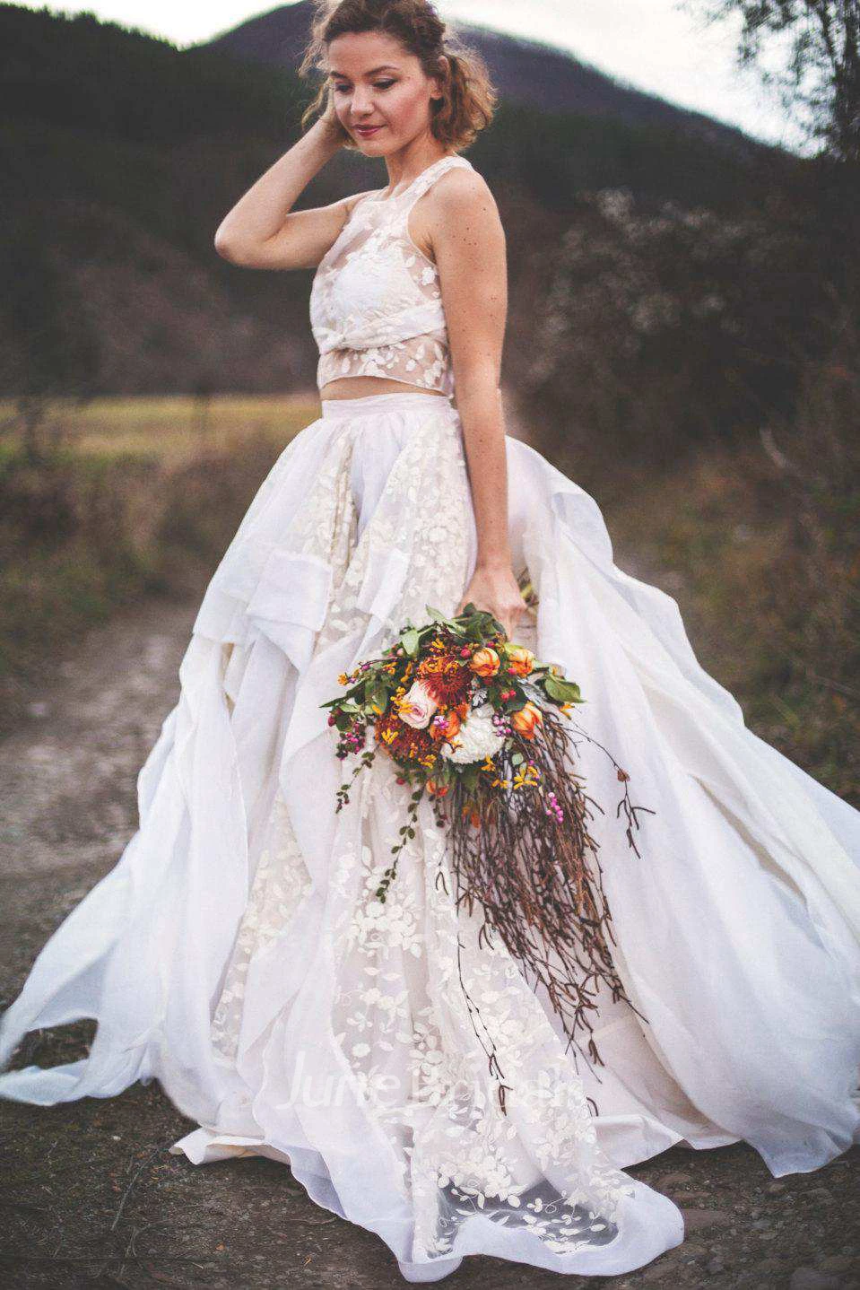 Floor-Length Organza Taffeta Floral Lace Embroidered Wedding Dress