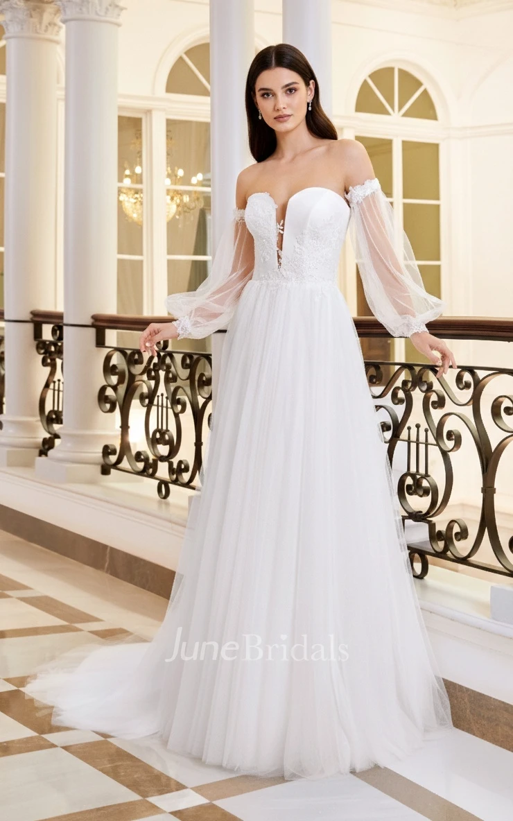 Romantic Floral A-Line Boho Lace off the Shoulder Beach Garden Spring Wedding Dress Modern Flowy Plunging Neckline Puff Sleeve Floor Length Trained Tulle Bridal Gown