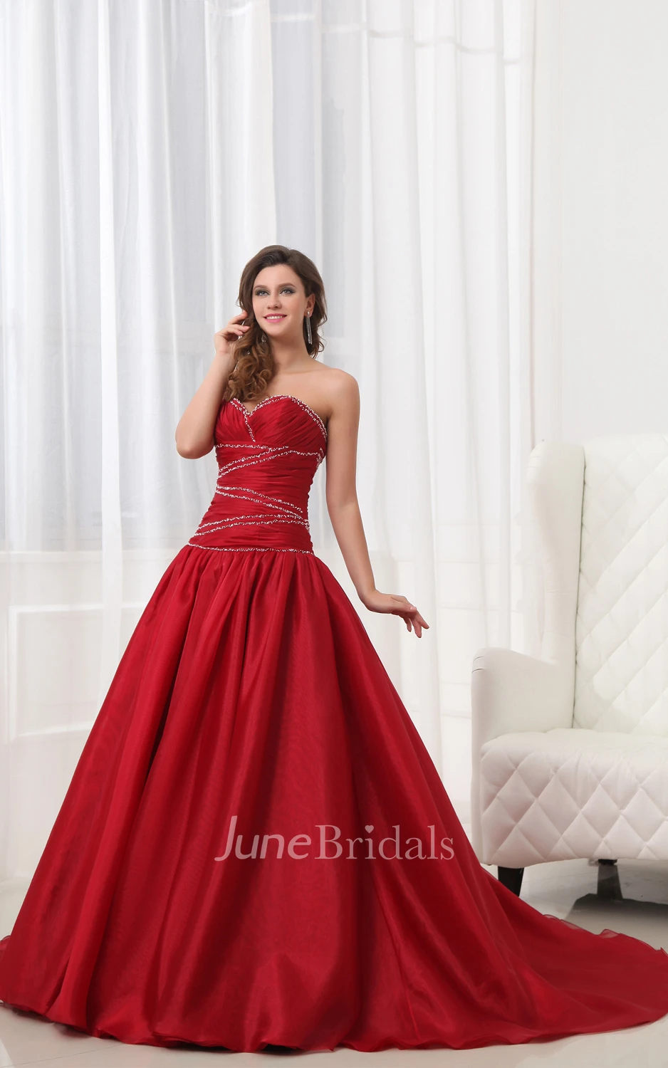 A-Line Ruby Sweetheart Sleeveless Dress With Draping And Ruching