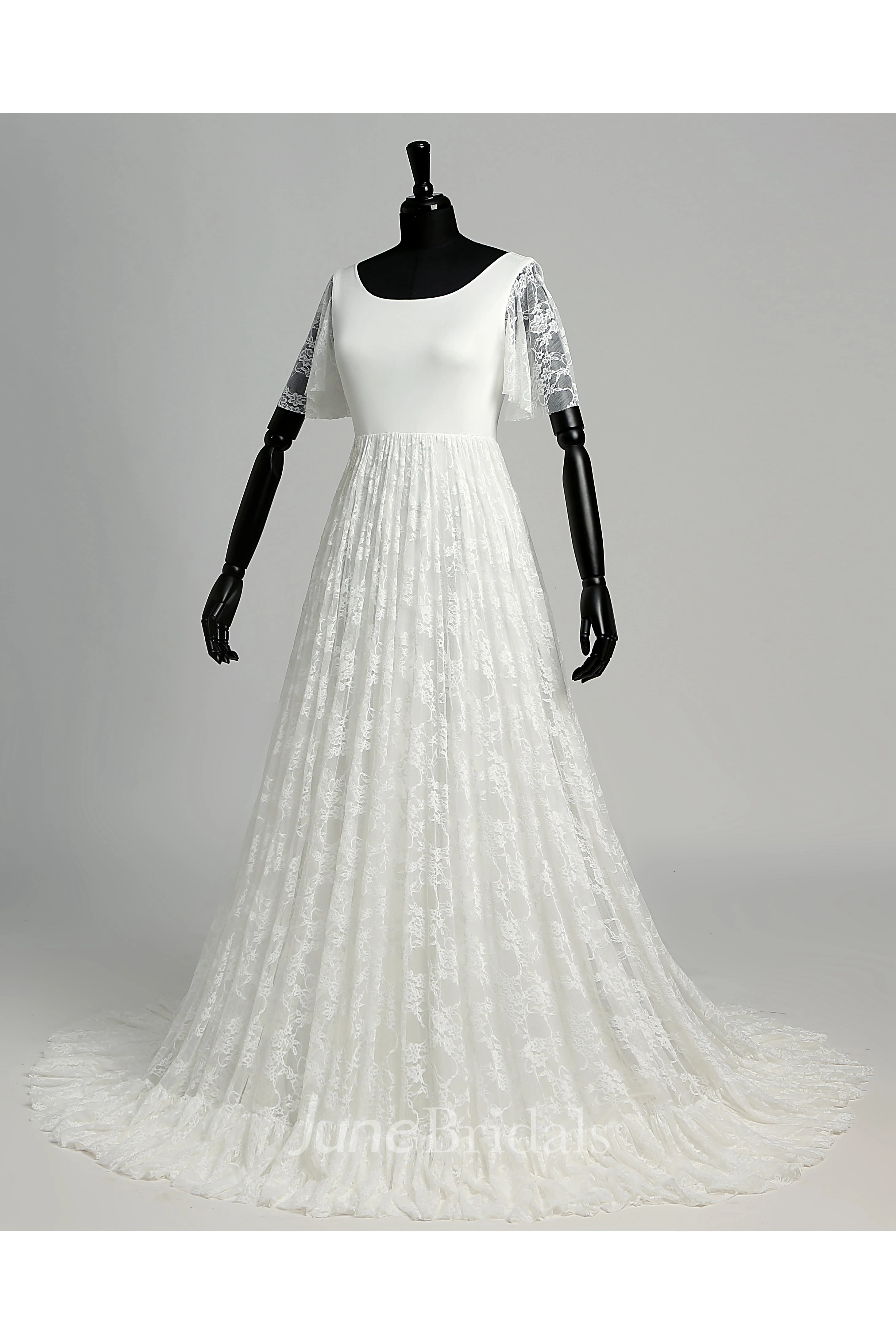 Floor-length Sweep/Brush Train A-line Scoop Illusion Short Sleeve Satin Lace Weeding Dress