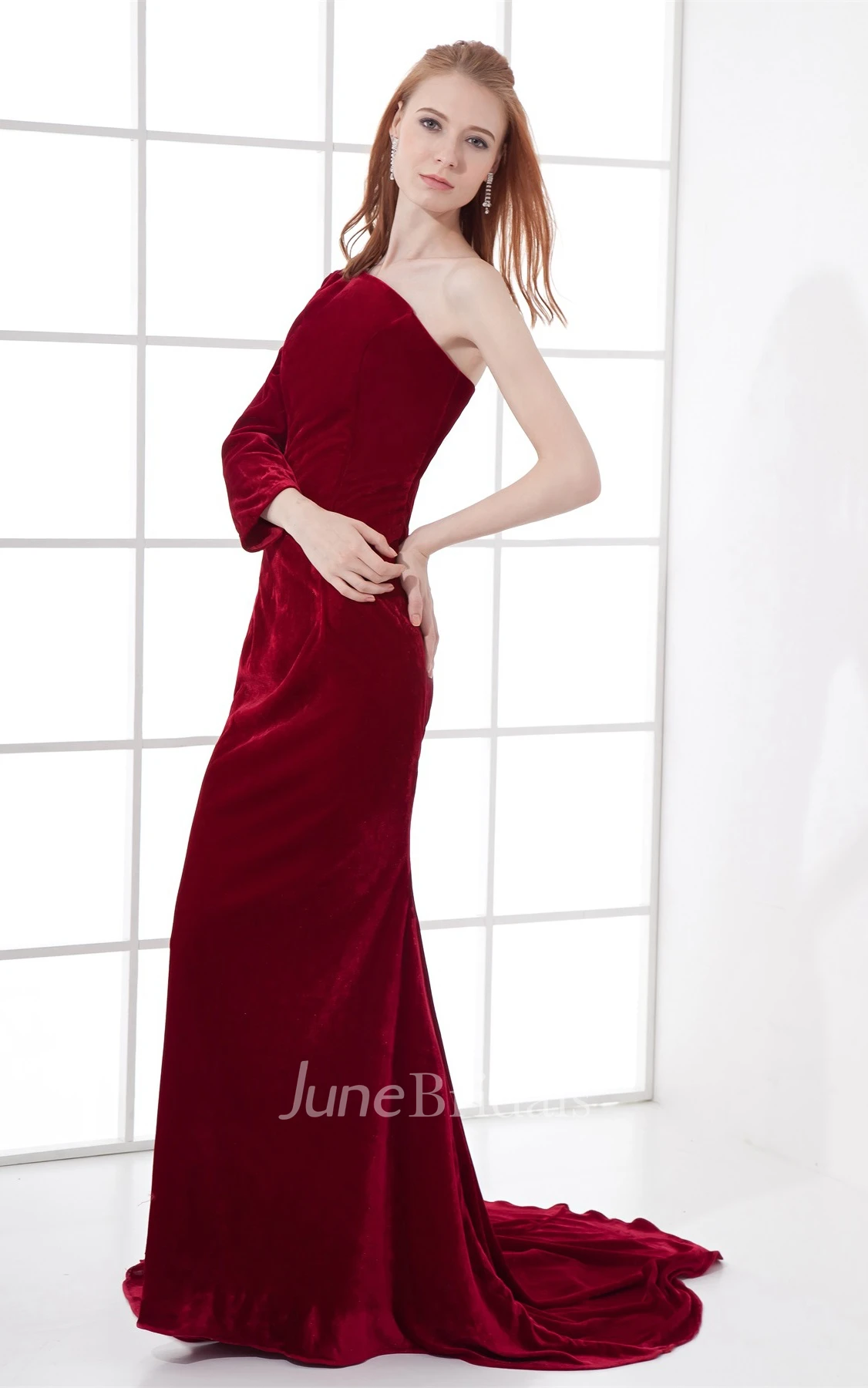 glam maxi sheath dress with one-sleeve design and brush train
