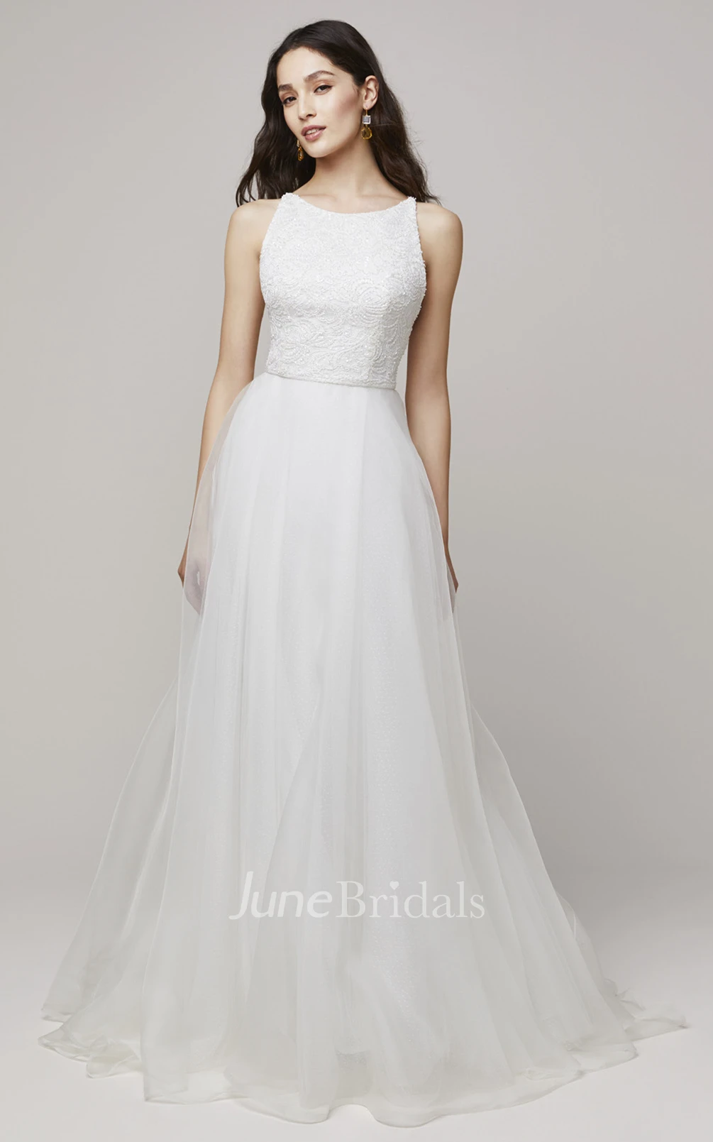 Classic A Line Lace Bateau Neck Bridal Gown with Train
