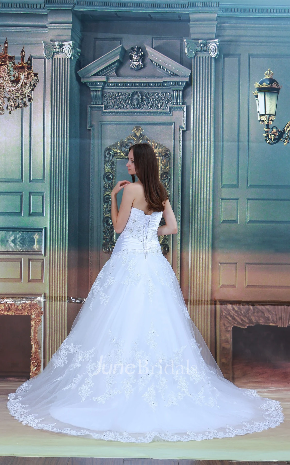 strapless lace a-line ruched dress with court train and corset back