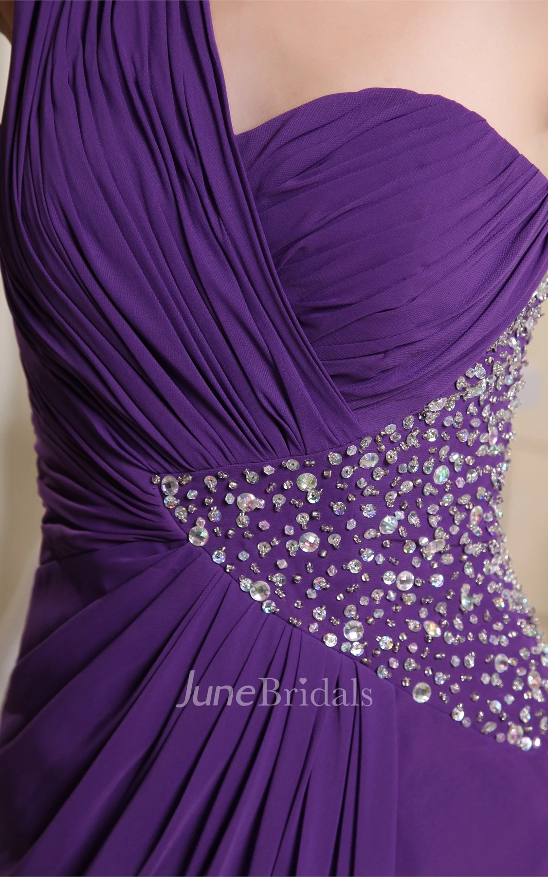 One-Shoulder Front-Split Long Dress with Ruching and Side Beading