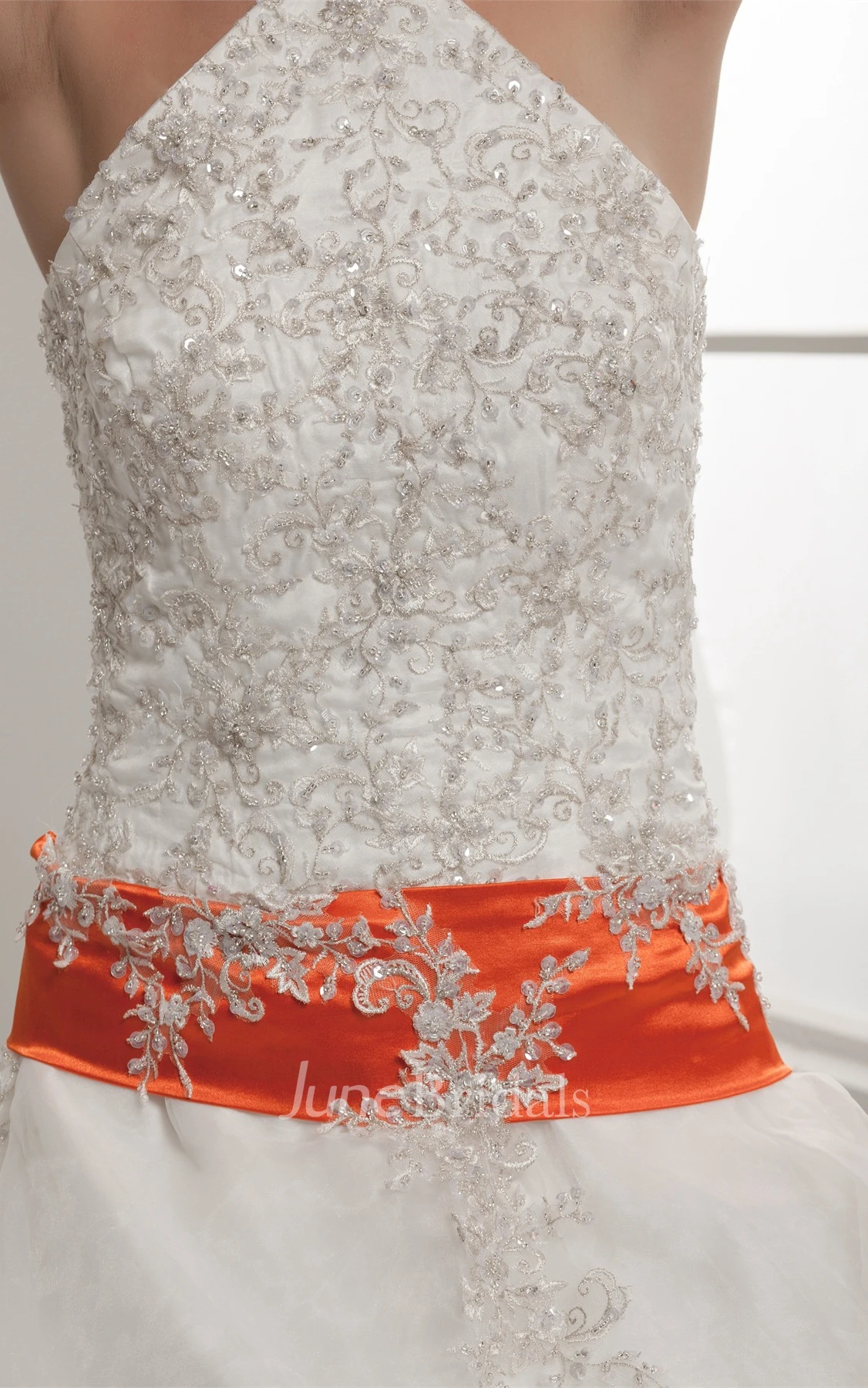 Sleeveless A-Line Pick-Up Gown with Collar and Appliques