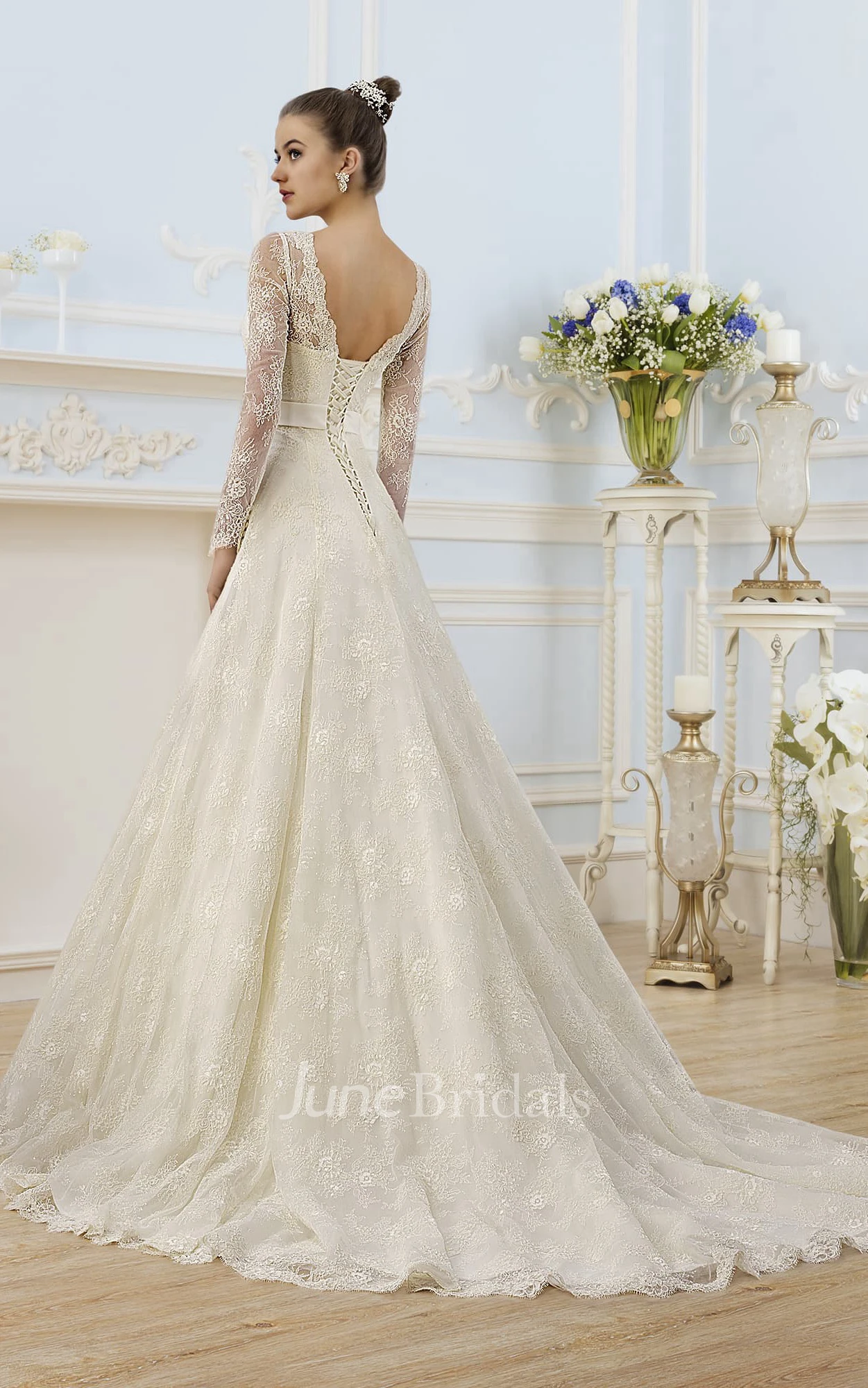 A-Line Floor-Length V-Neck Illusion-Sleeve Corset-Back Lace Dress With  Appliques And Bow - June Bridals