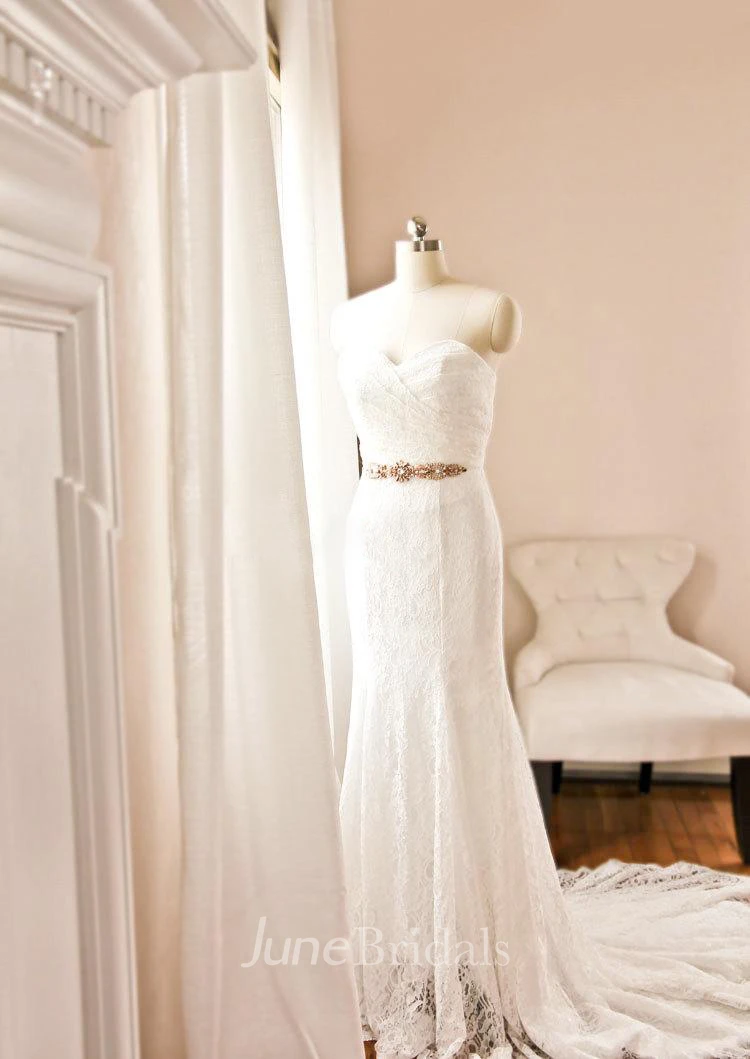 Strapless Sweetheart Neckline Laced Up Trumpet Lace Wedding Dress With  Silver Rhinestone Sash - June Bridals
