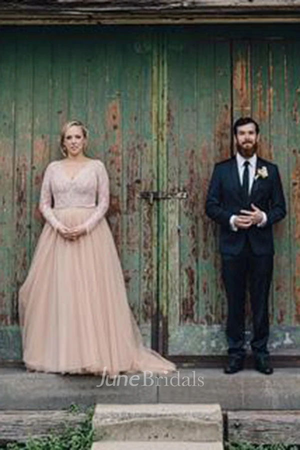 Elegant Modest Pink Plus Size Blush Long Sleeves A Line Tulle Lace Bling Sequins V Neck Bridal Gown
