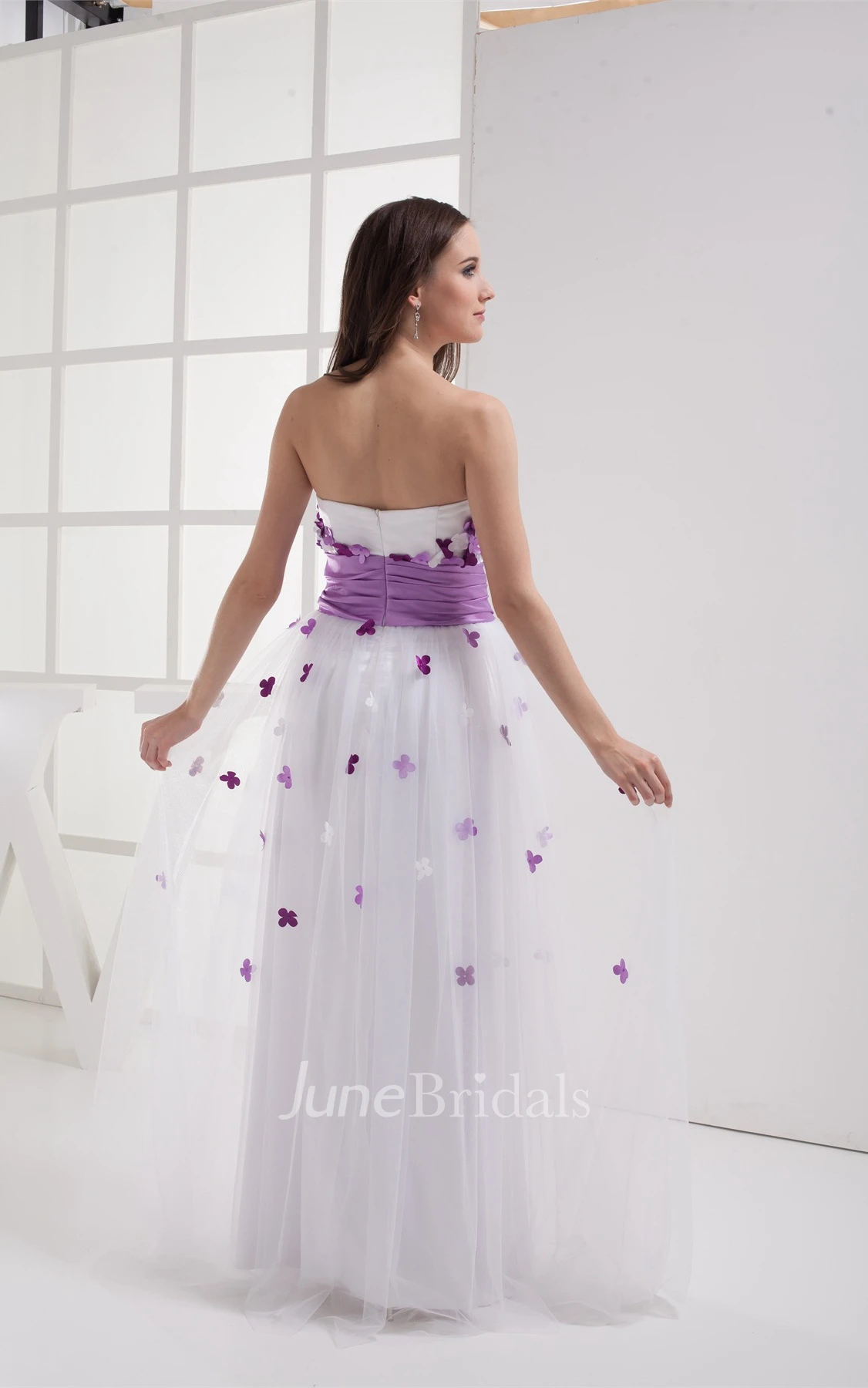 Two-Tone Tulle Floor-Length Dress with Pleats and Floral Top
