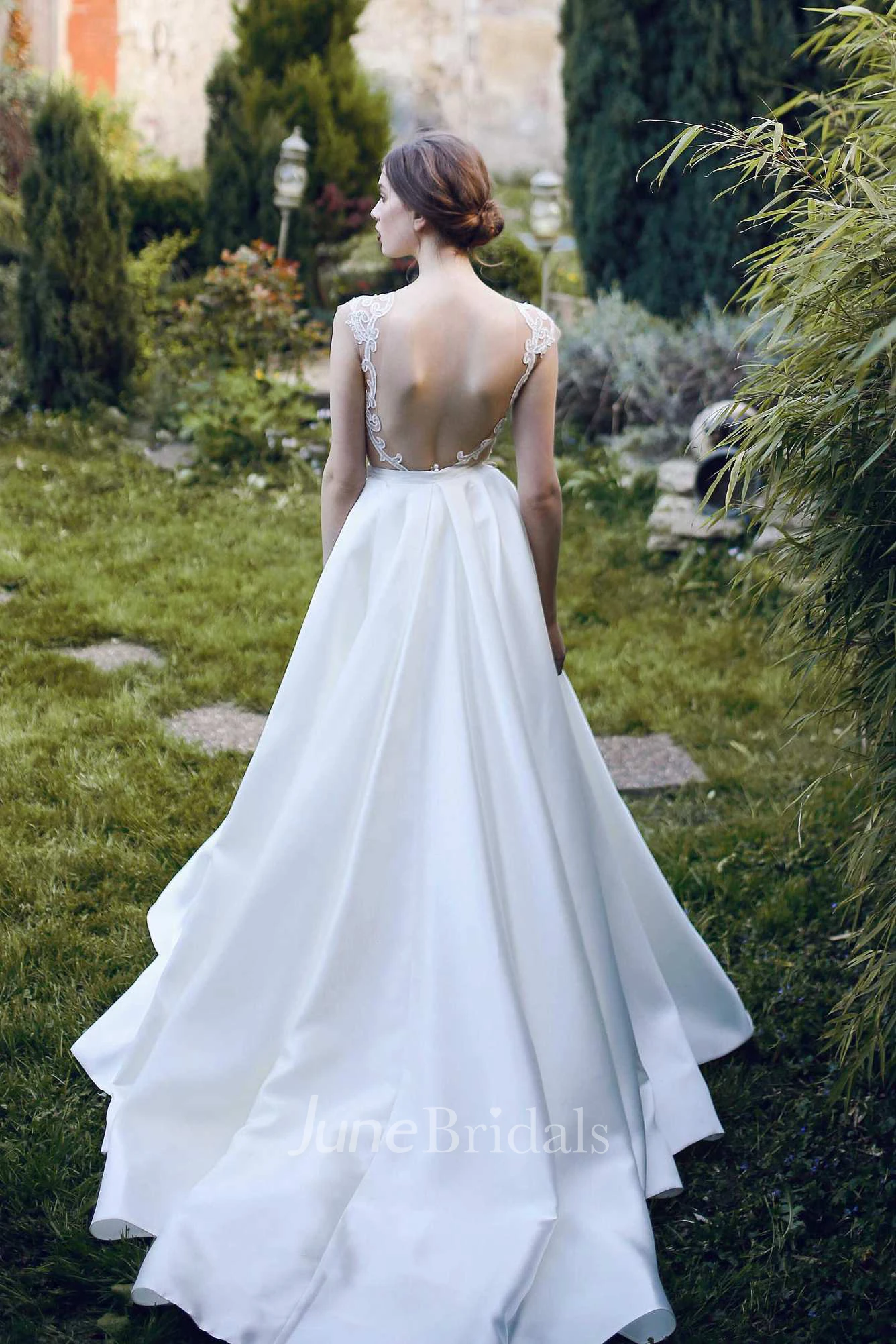 Bateau Cap-Sleeve A-Line Satin Lace Dress With Backless Design