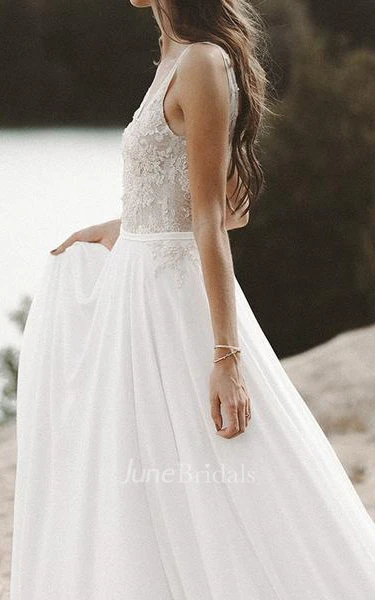 Simple Modern A Line Chiffon Lace V-neck Sleeveless Wedding Dress With Beading and Pleats