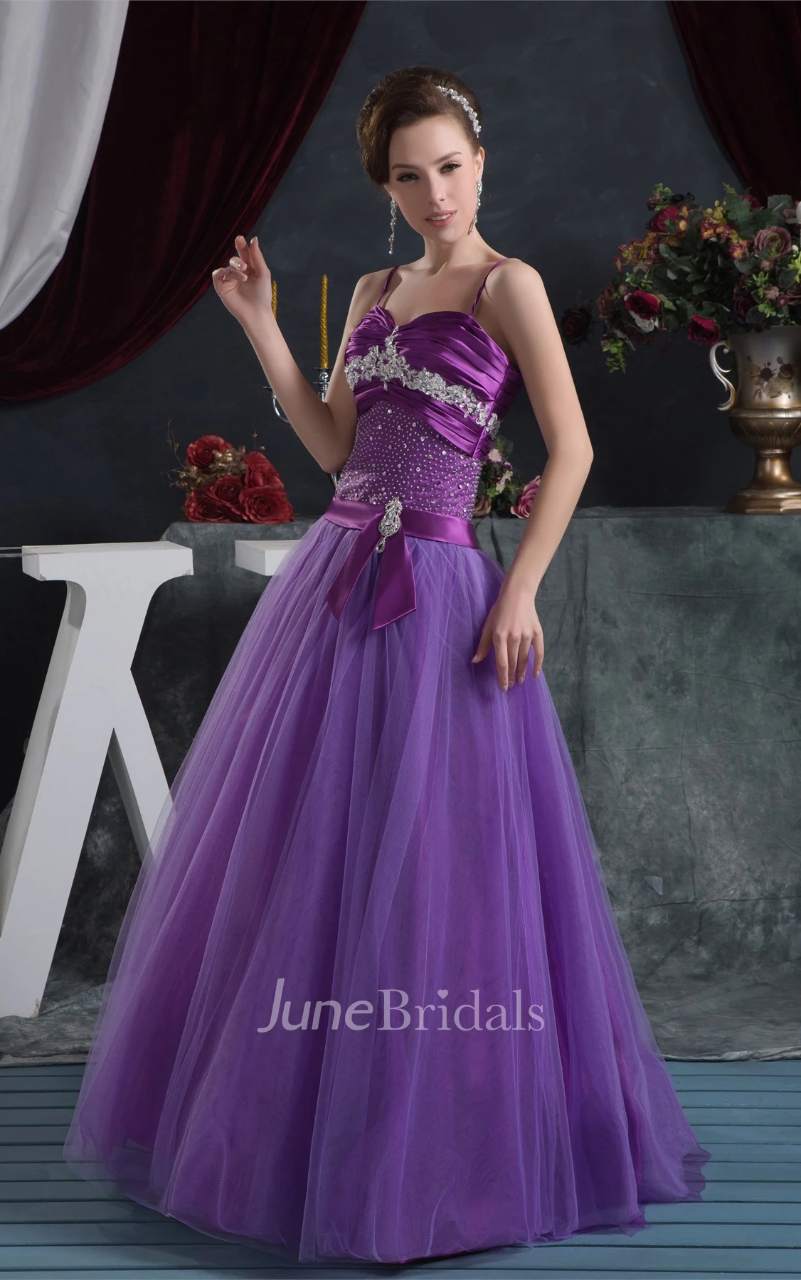 Spaghetti-Strap Beaded A-Line Gown with Pleats and Bow