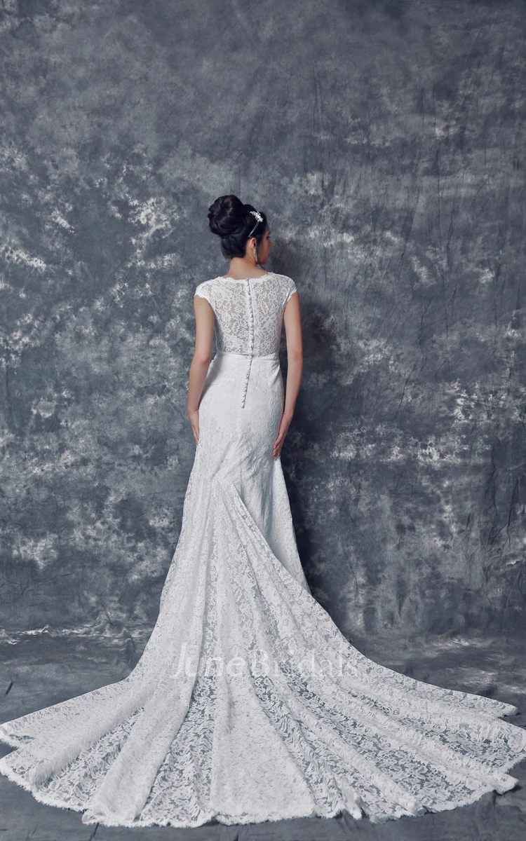 Sassy Low-v Neck Mermaid Lace Gown With Cap Sleeves