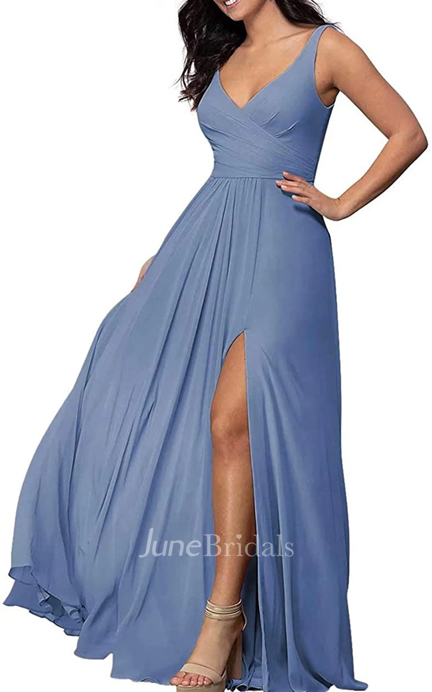 Sexy A Line V-neck Chiffon Sleeveless Bridesmaid Dress