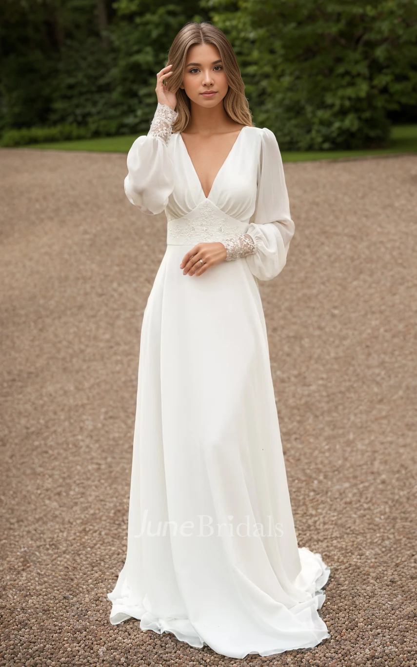 Modest Elegant Country A Line Long Sleeve Wedding Dress Simple Minimalist Flowy Chiffon Gown with Sequins and Train June Bridals