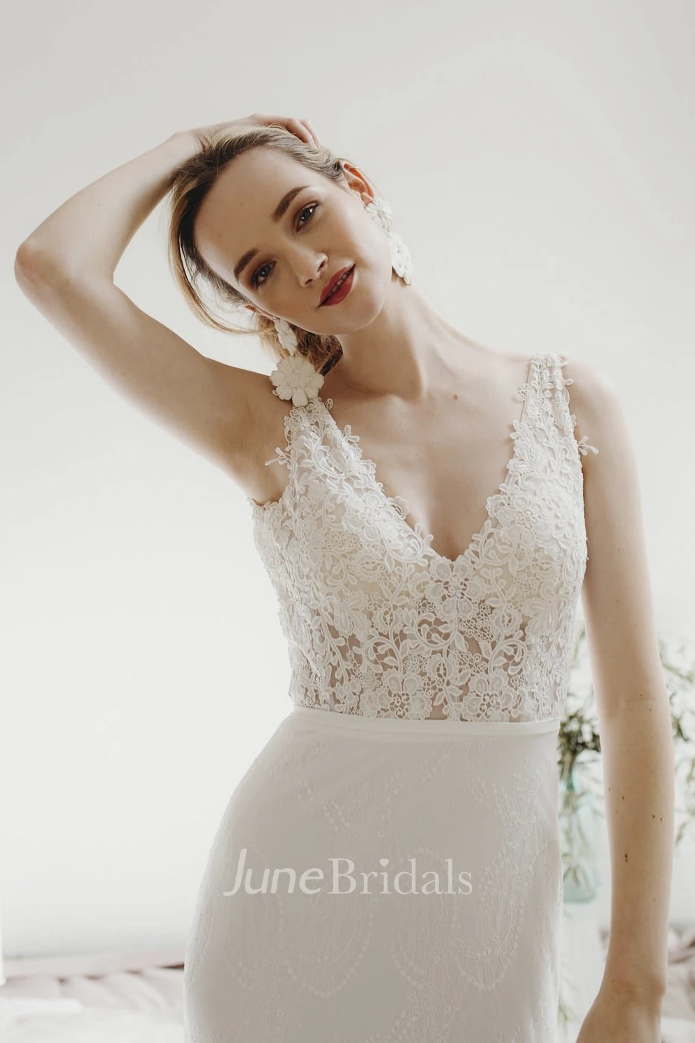 Lace Sleeveless Elegant Sheath Plunging V-neck Bridal Gown With Deep V-back And Buttons