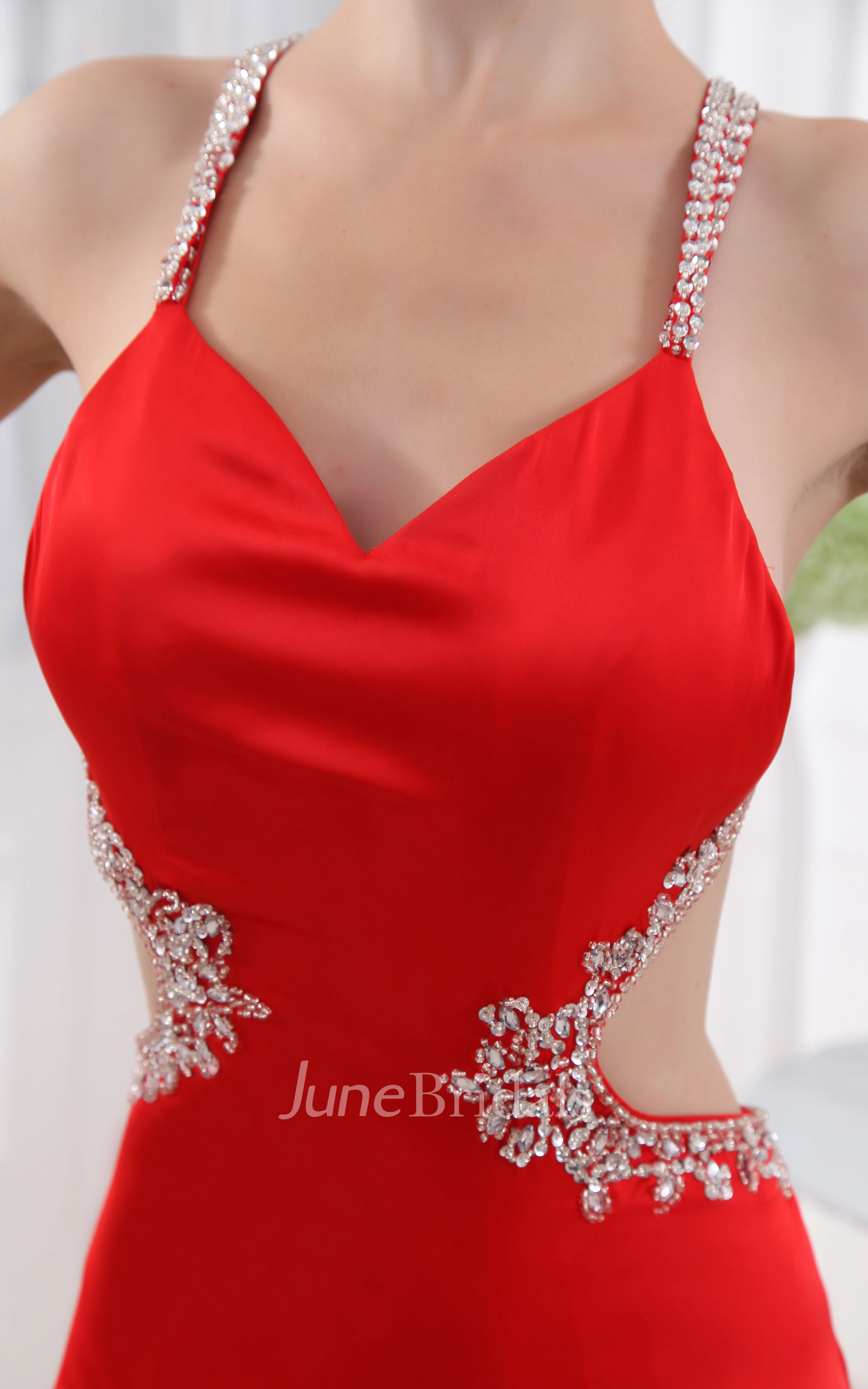 Sleeveless Sheath Satin Dress With Beading and Keyhole