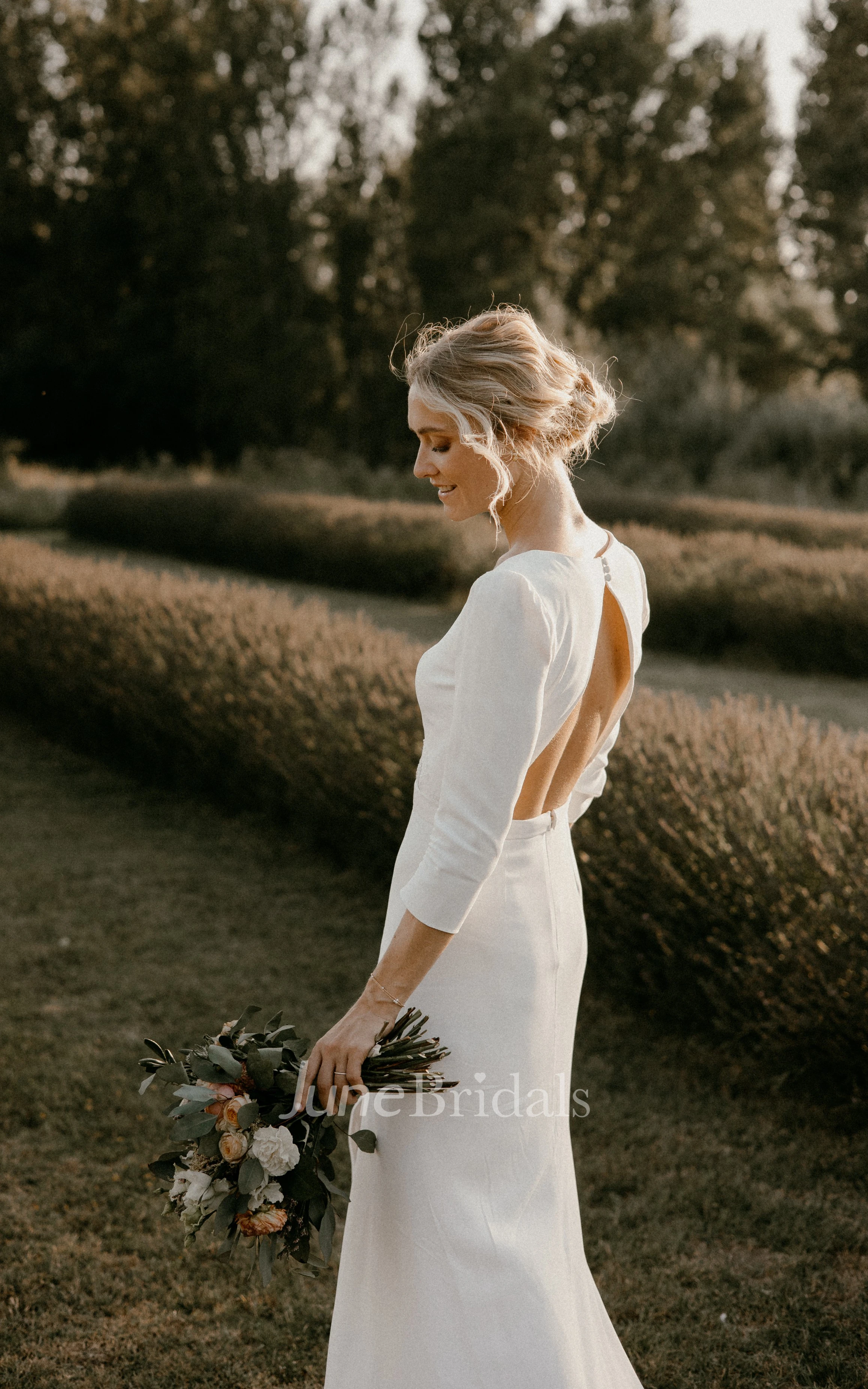 Vintage 3/4 Sleeves Sheath Wedding Dress Simple V-Neck Slit Bridal Gown