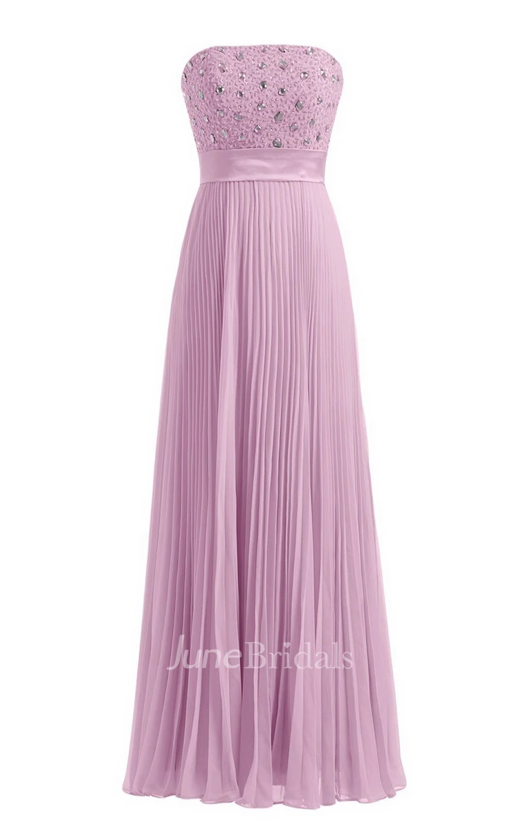 Strapless Empire Long Pleated Dress With Rhinestones