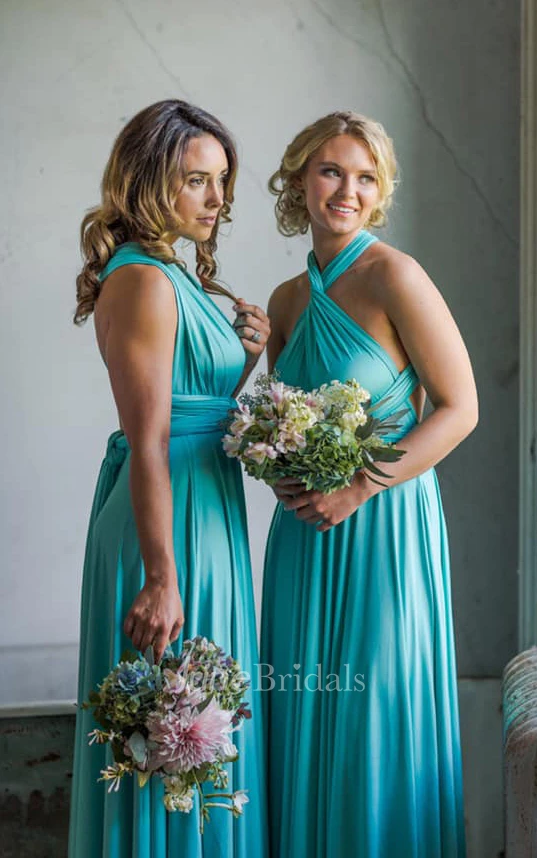 Elegant A Line Halter Neck Jersey Bridesmaid Dress With Half Sleeves And Straps Back 