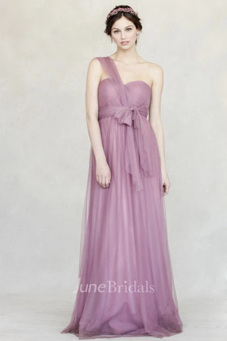 One-Shoulder Bowed Sleeveless Empire Tulle Bridesmaid Dress With Straps
