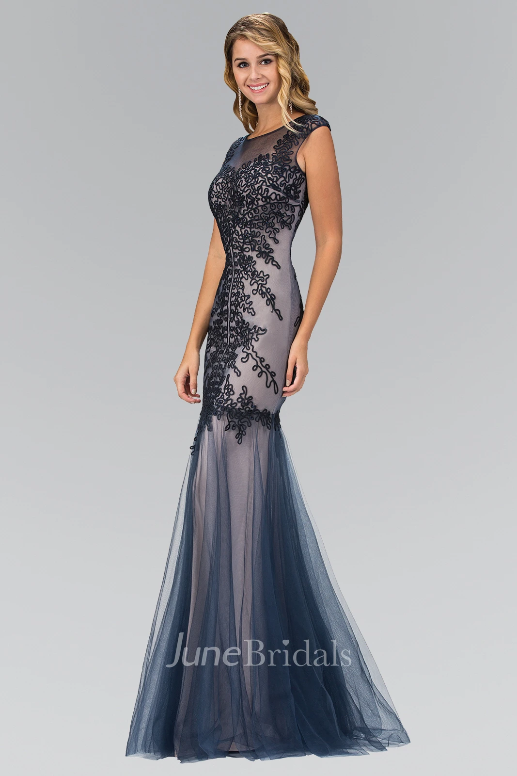 Column Embroidery Floor-Length Bateau Tulle Cap-Sleeve Illusion Dress