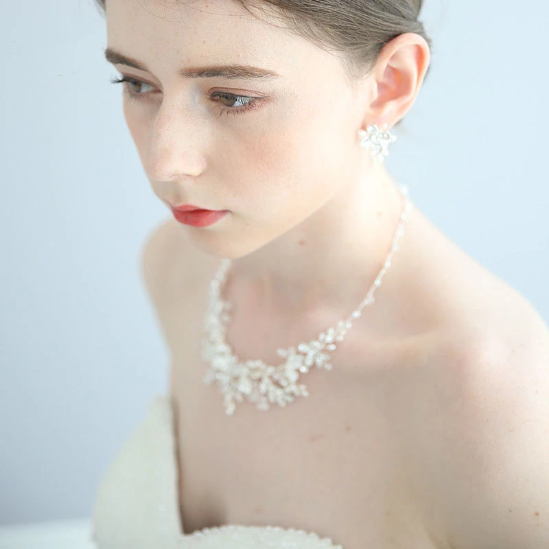 Classic Silver Crystal Rhinestone Necklace and Earrings and Crown Jewelry Set