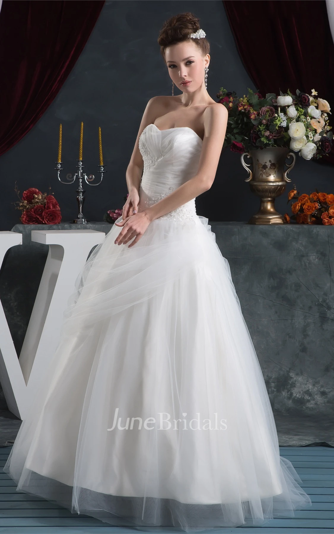 Sweetheart Criss-Cross Tulle Gown with Stress and Appliques