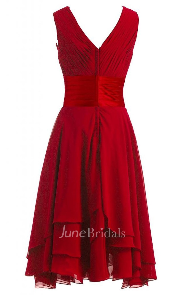 V-neckline Pleated Layered Dress With Satin Belt - June Bridals