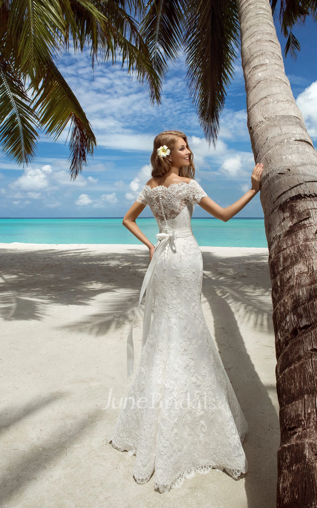 Mermaid Long Off-The-Shoulder Cap-Sleeve Lace-Up Lace Dress With Sash And Appliques