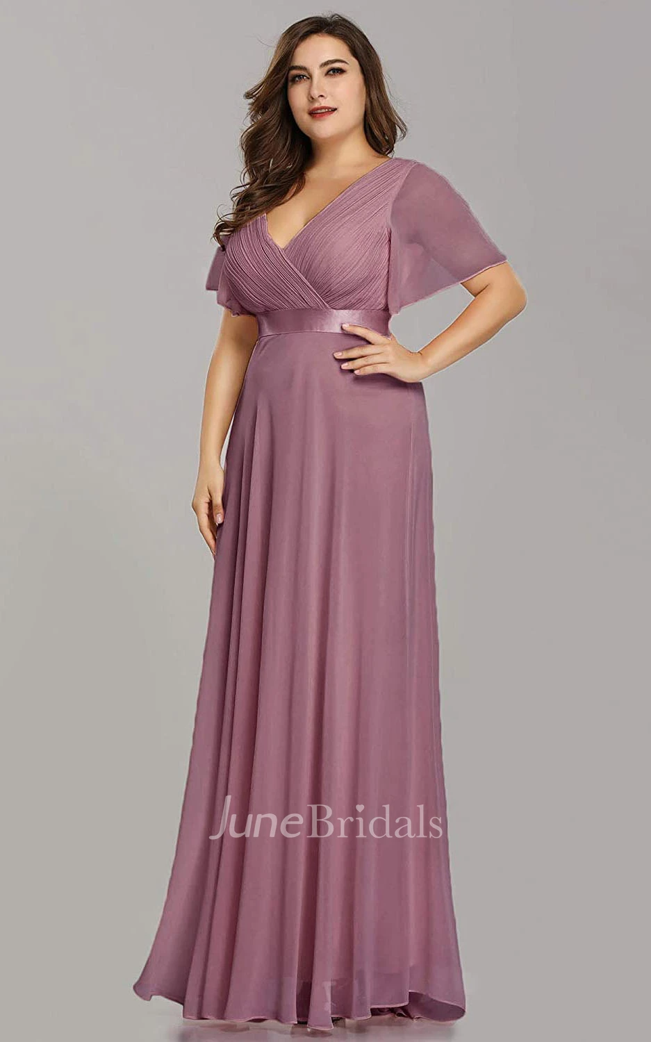 A Line V-neck Chiffon Half Sleeve Prom Dress With Criss Cross and Ruching