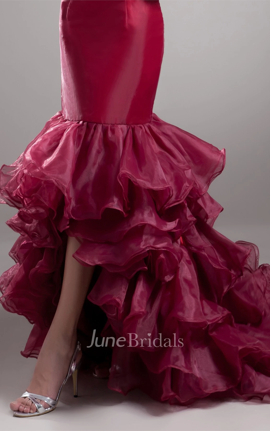 Strapless Mermaid High-Low Gown with Ruffles and Sweep Train