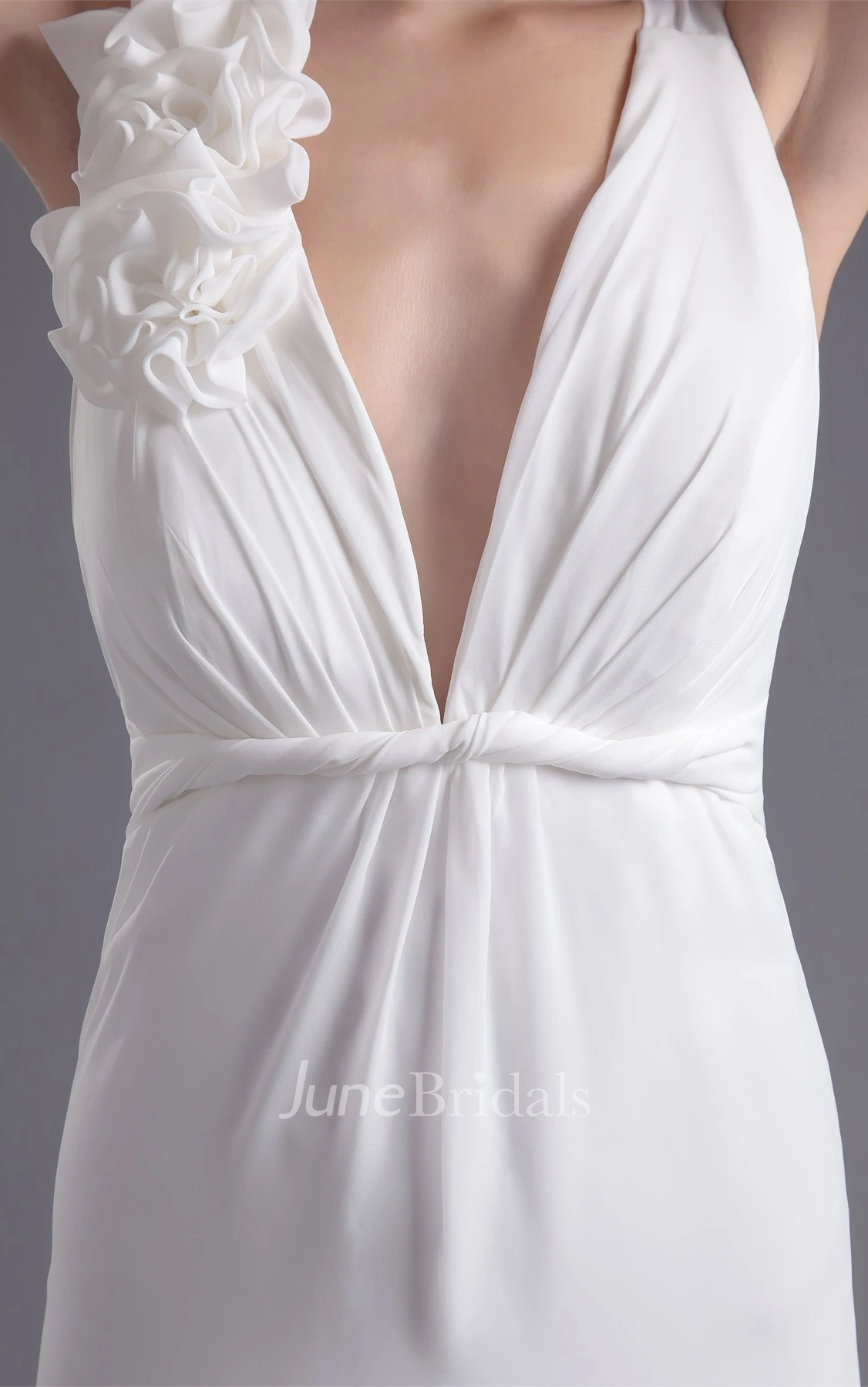 Plunged Sleeveless Sheath Dress with Flower and Ruched Waist