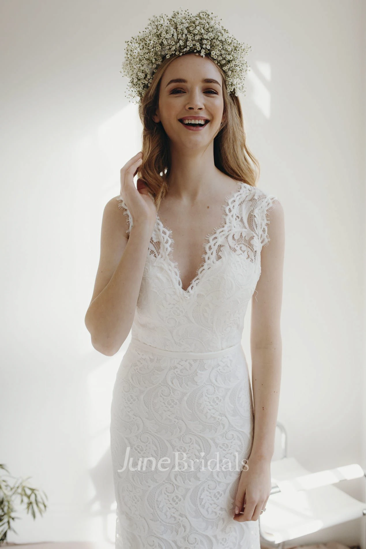 Lace Cap Sleeve Sheath Deep V-neck Bridal Gown With Deep V-neck And Court Train