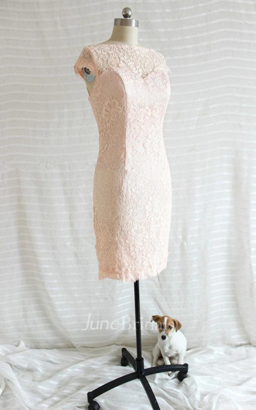 Bateau-neck Sneath Lace Dress With Lace Up Back