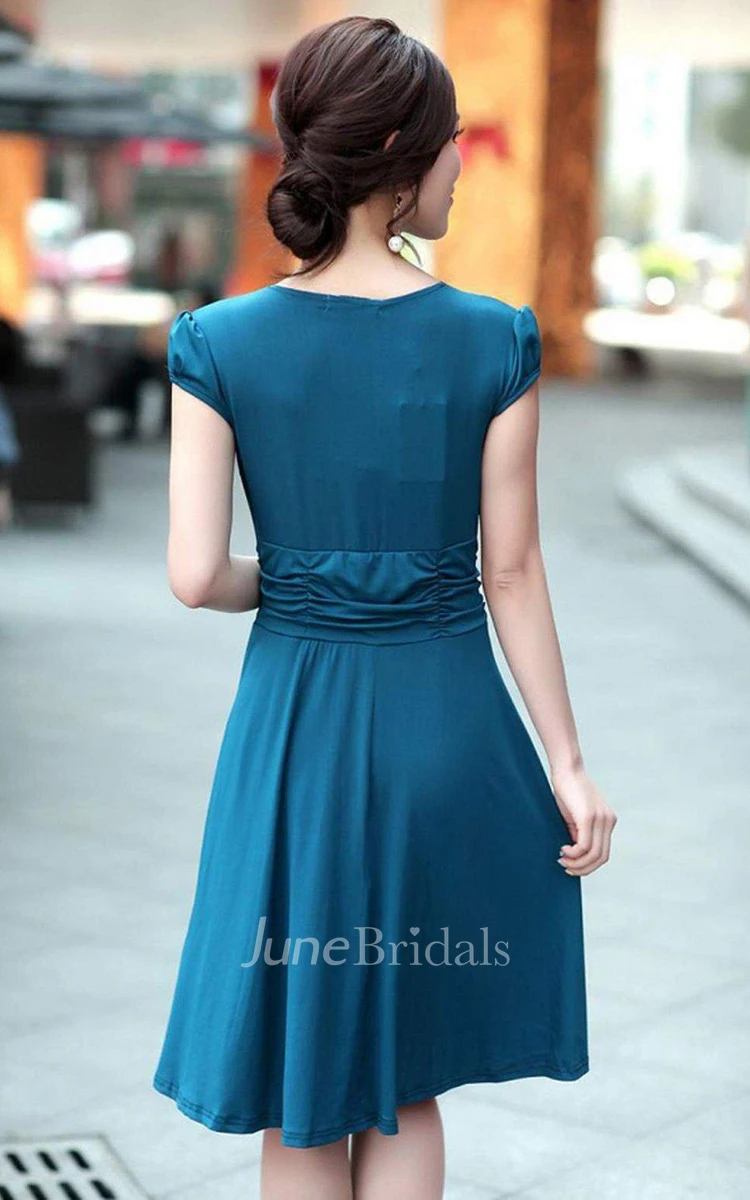 Cap-sleeved Knee-length Dress With Ruching