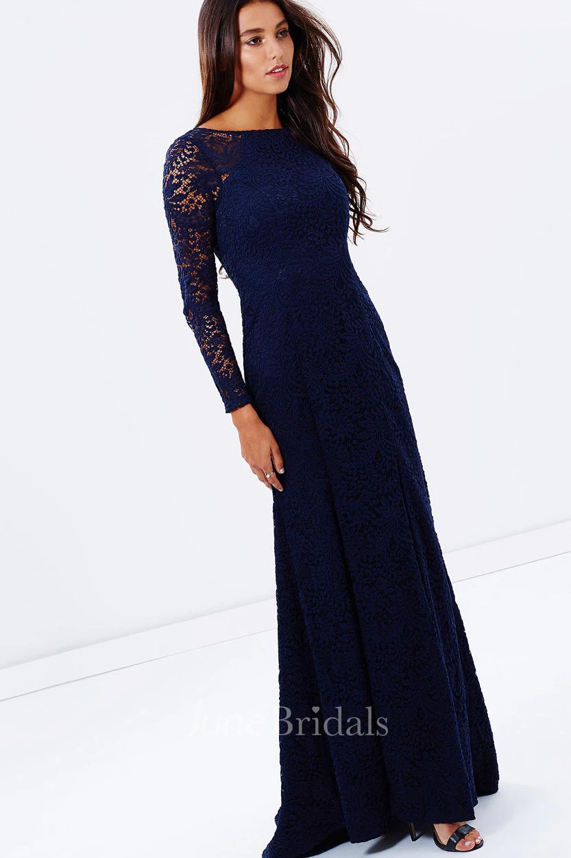 Split-Front Jewel Neck Long Sleeve Lace Bridesmaid Dress