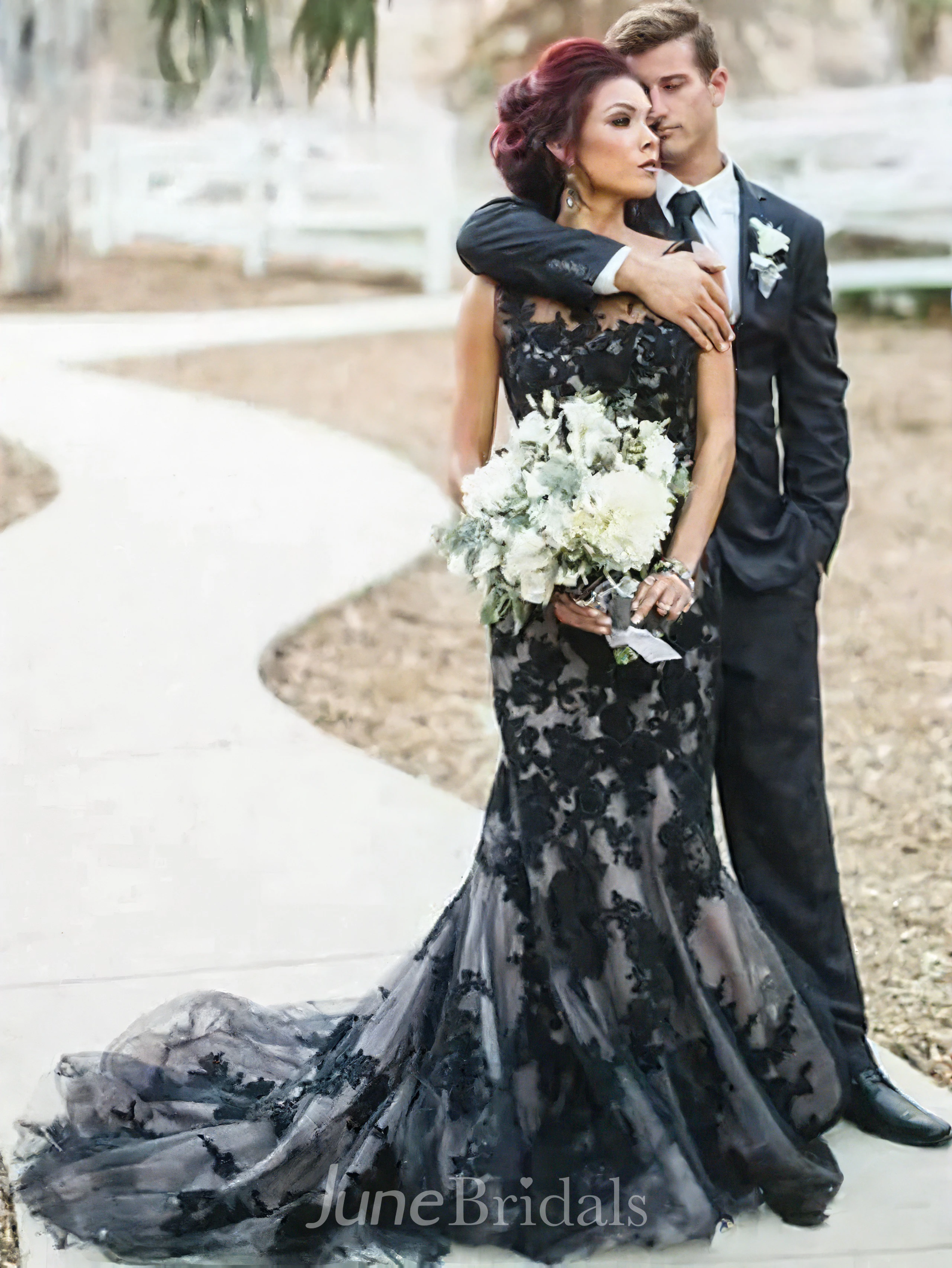 Vintage Gothic Mermaid Boho Lace Black and White Wedding Dress Unique Beach  Applique Evening Prom Dress with Sweep Train - June Bridals