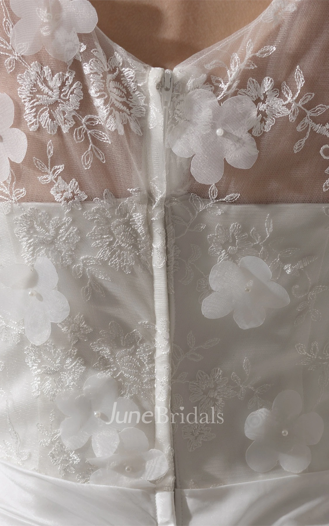 Floral Sleeveless A-Line Appliqued Gown with Draping and Illusion Neckline