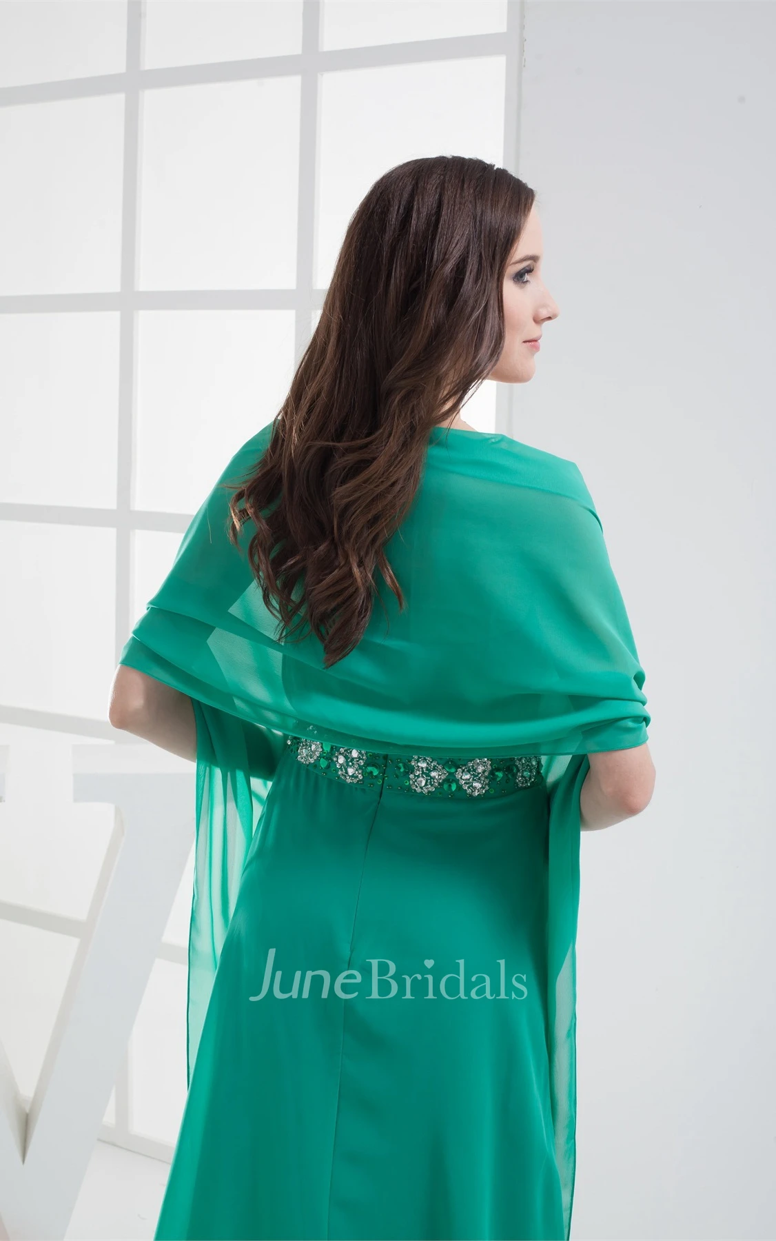 Side Draping Strapless Ruched Gown with Beaded Sash Detachable Cap Sleeve