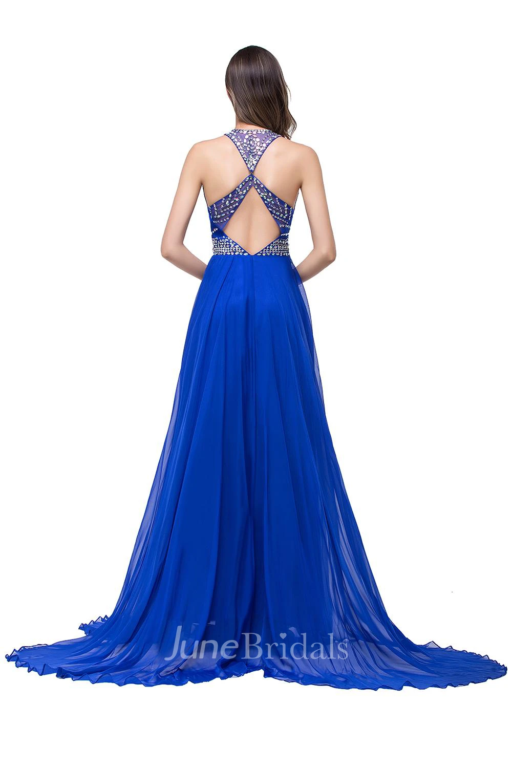 Newest Royal Blue Chiffon Prom Dress A-line Beadings Sweep Train