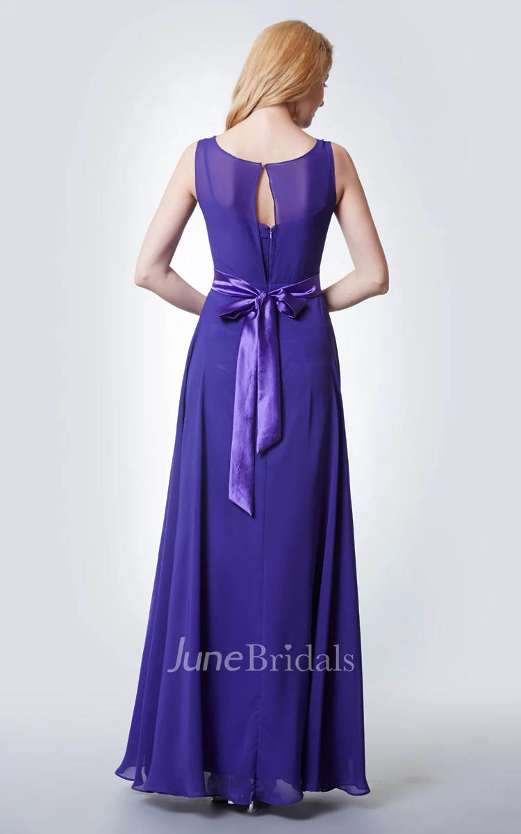 Illusion Neck A-line Chiffon Bridesmaid Dress with keyhole Back