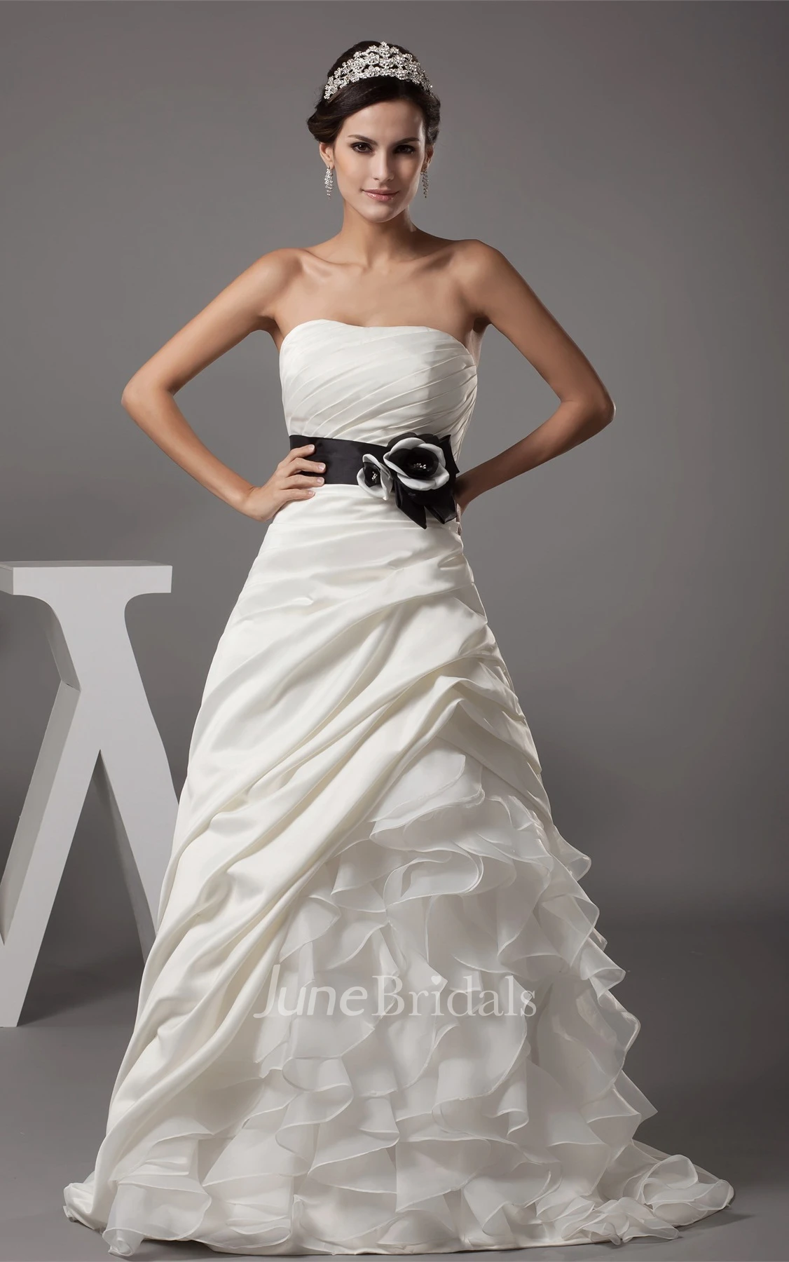 Strapless Ruched A-Line Dress with Bow and Cascading Ruffles