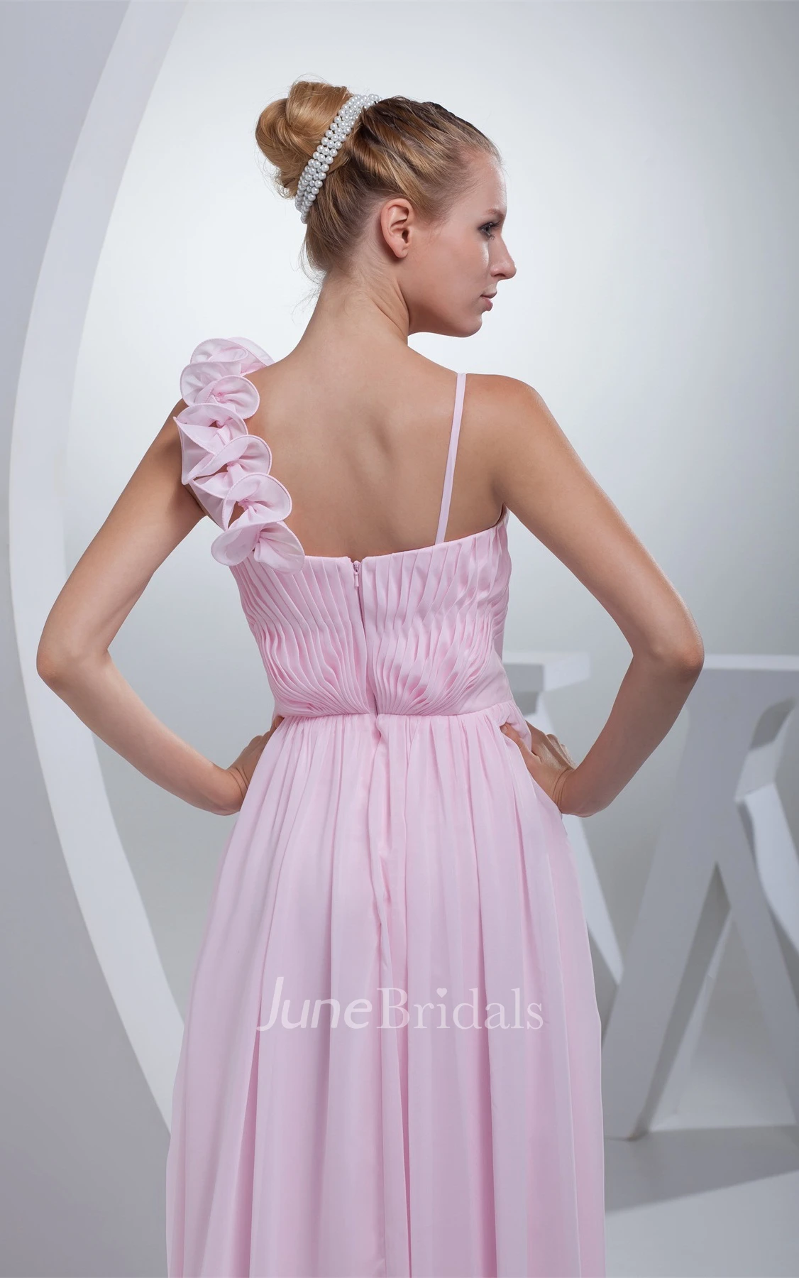Spaghetti-Straps Ruched Floor-Length Dress with Beading and Floral Embellishment