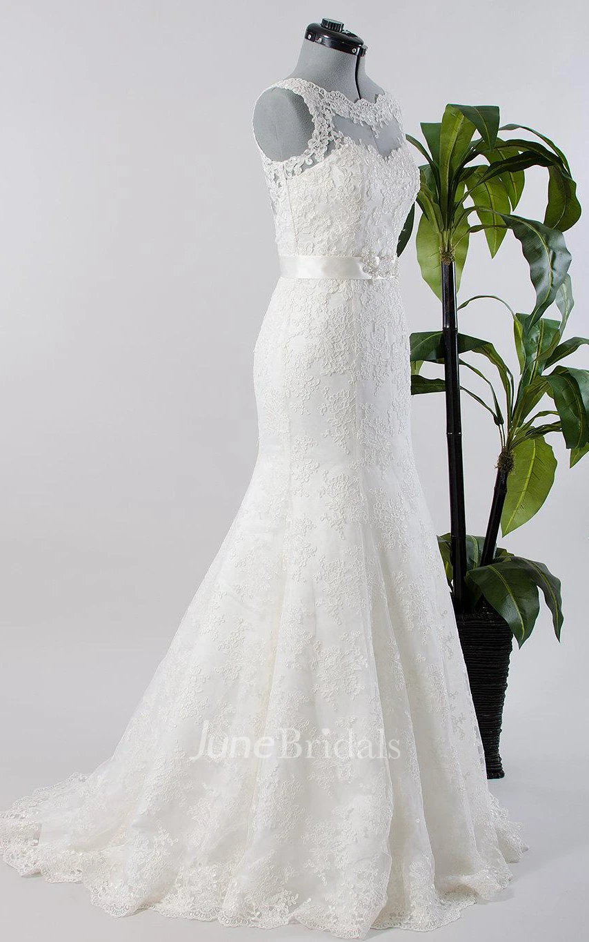 Mermaid Sleeveless Sleeve Tulle Lace Satin Dress With Embroideries