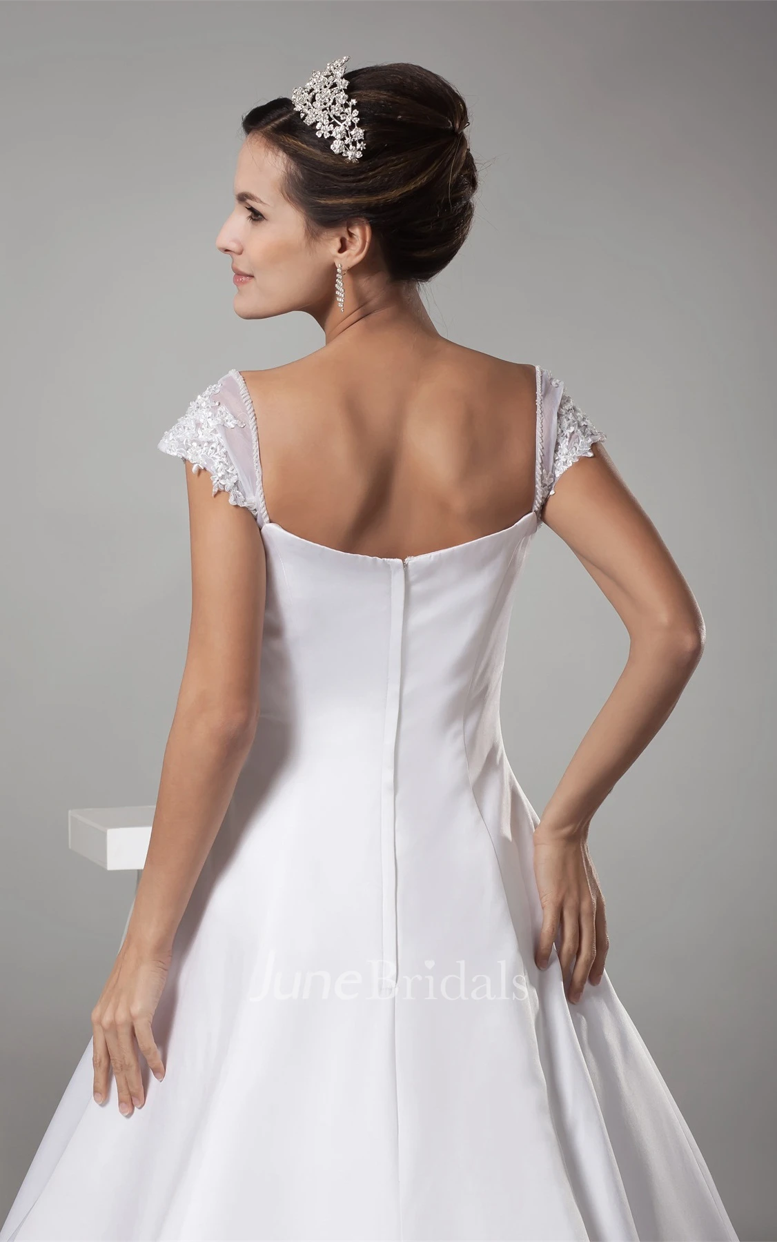 Caped-Sleeve Satin A-Line Gown with Appliques